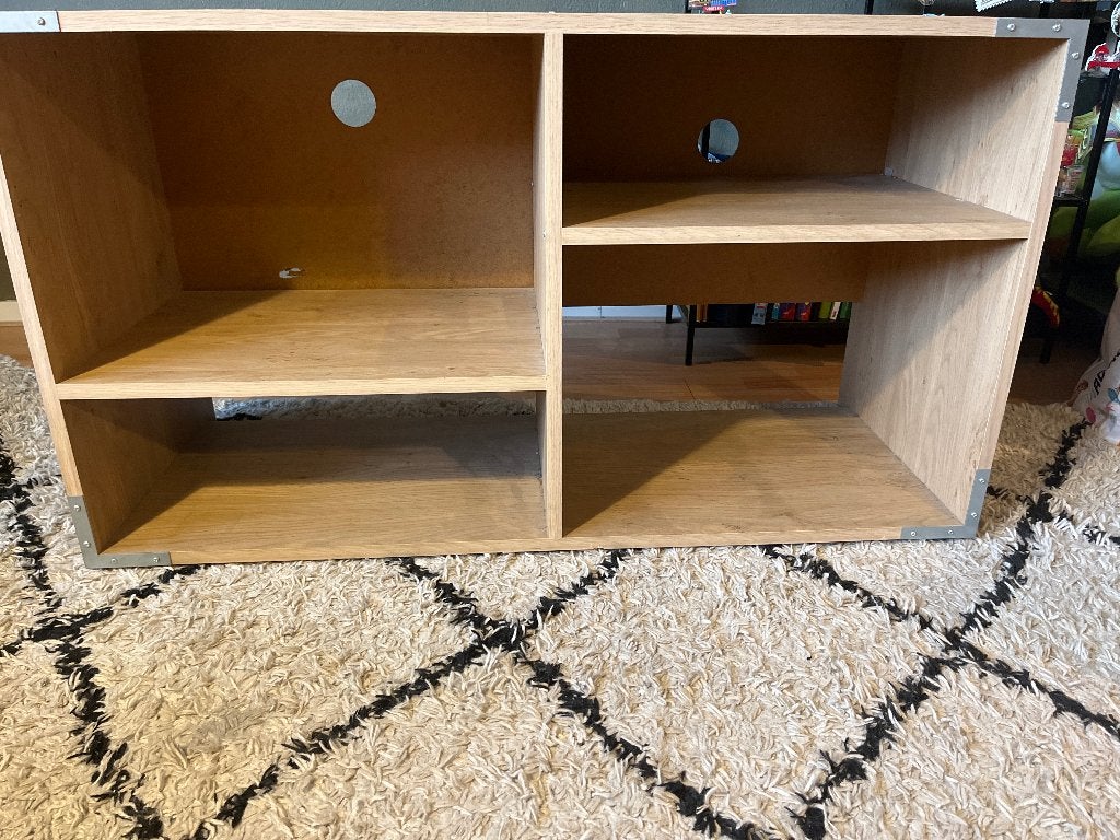 Houten TV-meubel / Opbergkast met 4 vakken, Ophalen, Gebruikt, 100 tot 150 cm, Modern, Industrieel