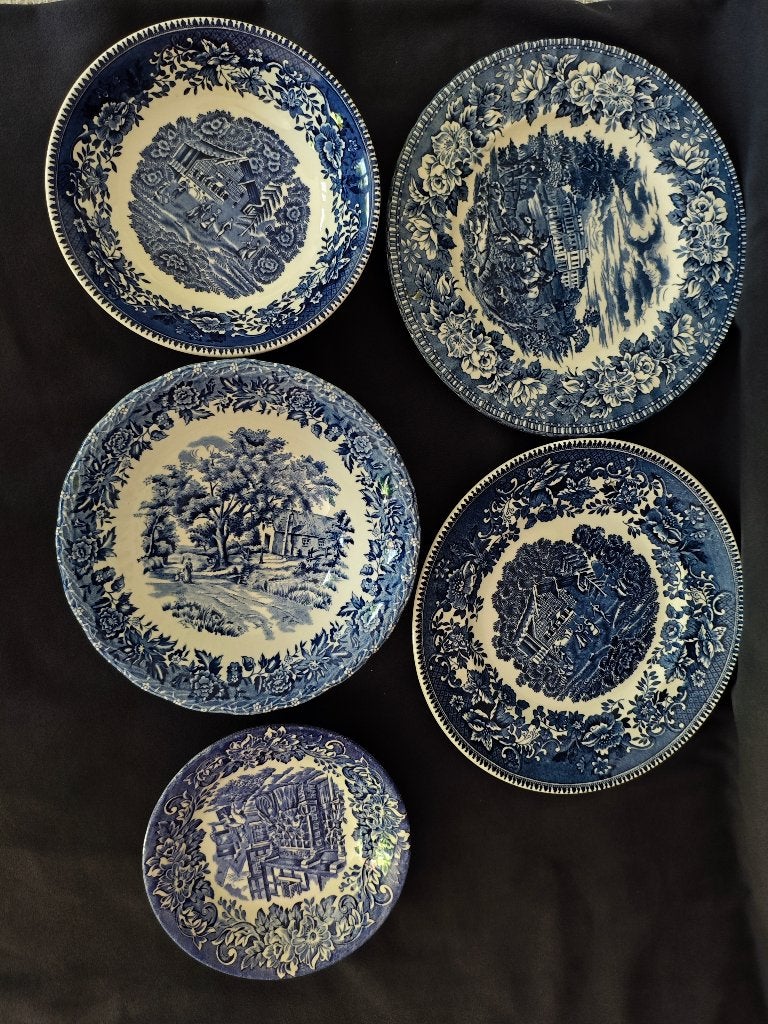 Vintage Engels Blauw-Wit Aardewerk – 5 stuks, Antiek en Kunst, Ophalen of Verzenden
