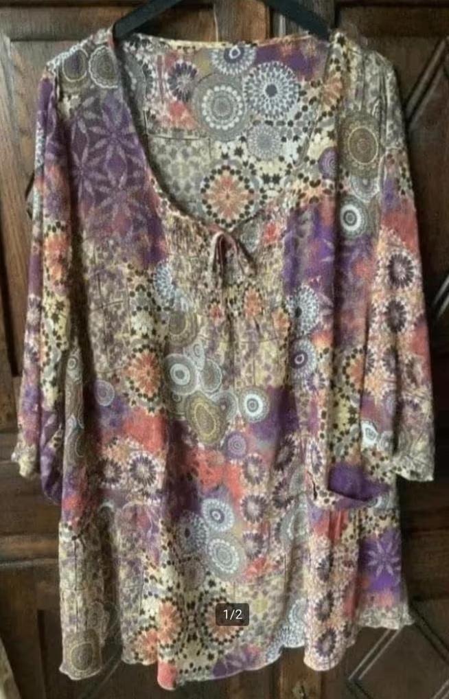 Gekleurde, bonte top; oksel - oksel 70 cm; lengte 84 cm, Kleding | Dames, Grote Maten, Zo goed als nieuw, Shirt of Top, Paars