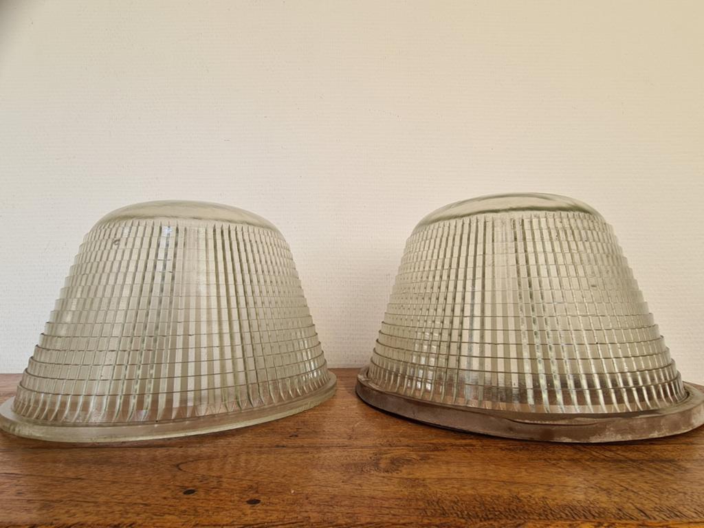 Partij 9 dik holophane glas lampenkappen 125 voor partij, Ophalen, Gebruikt, Rond