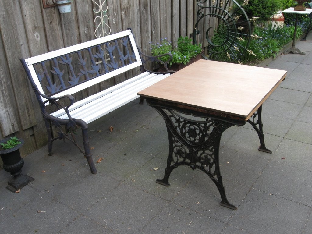 tuinbank gietijzer en tuintafeltje gietijzer, Tuin en Terras, Tuinbanken, Ophalen, Gebruikt, Metaal