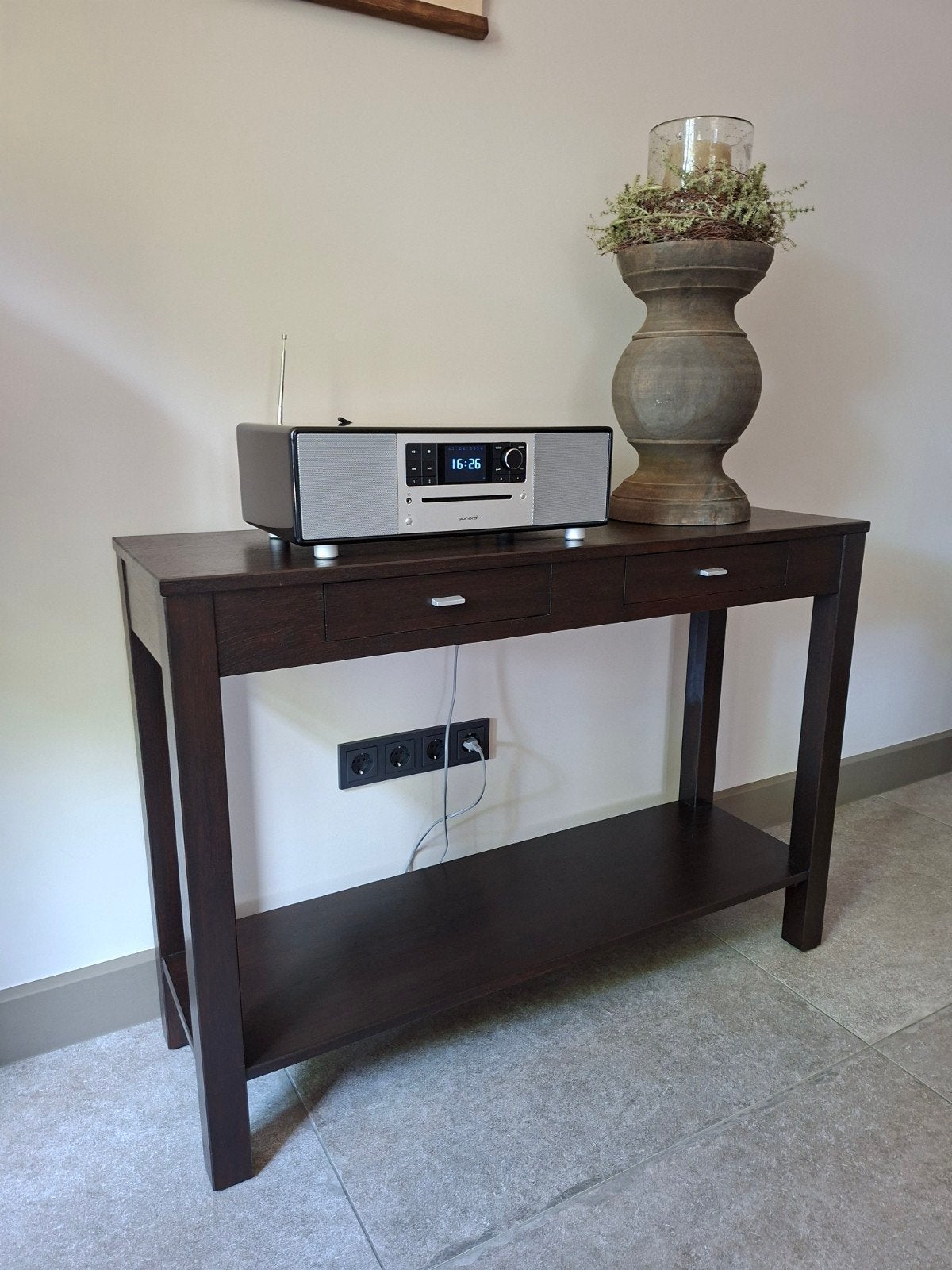 Eiken sidetable donker gelakt met twee lades, Ophalen, Gebruikt, 100 tot 150 cm, Eikenhout