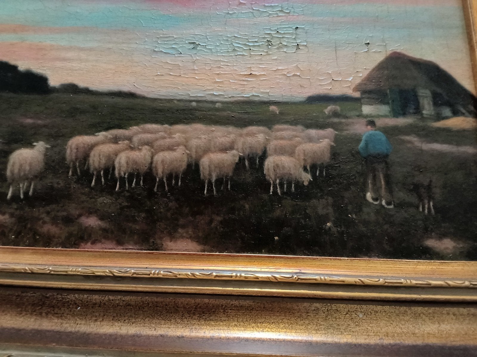 Oud schilderij: Herder met schapen op de heide, 45x35cm, Ophalen of Verzenden