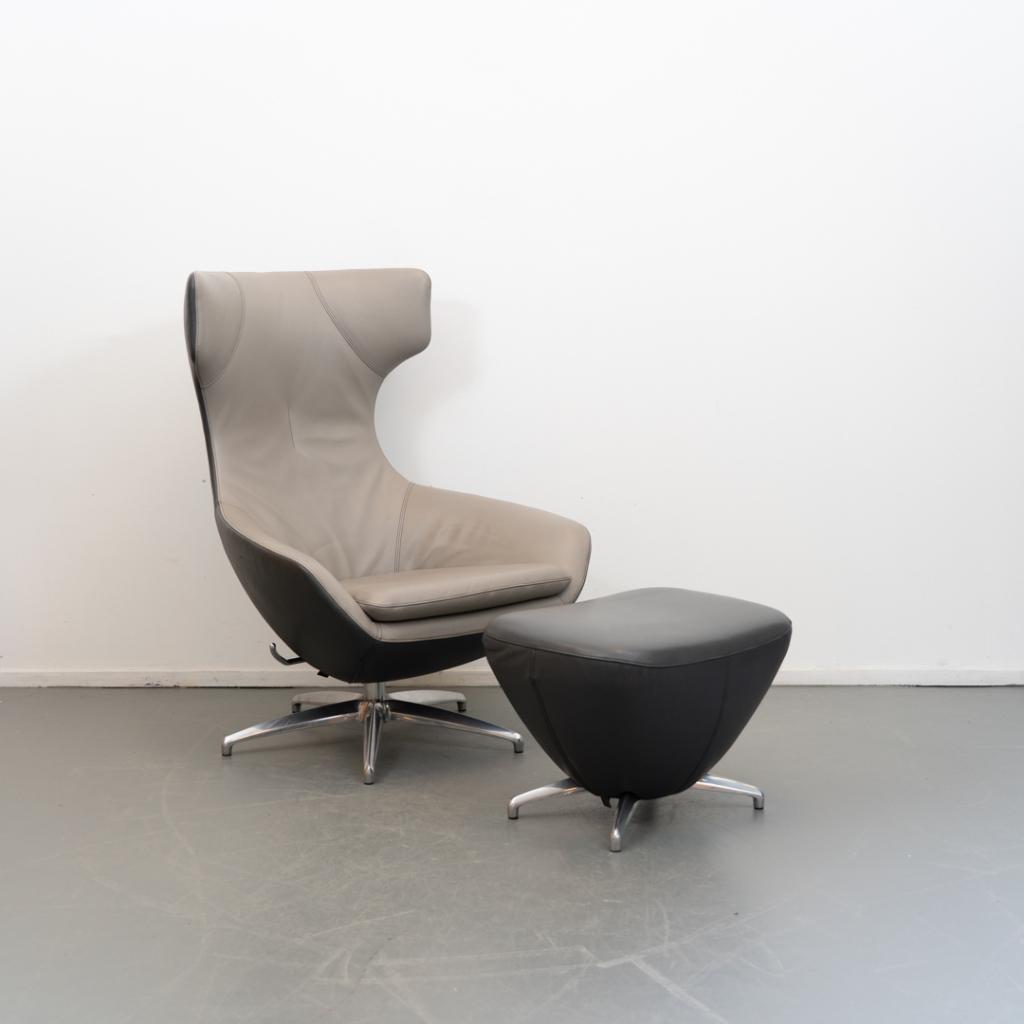 1 Leolux Caruzzo PLUS Fauteuil + Voetenbank Grijs/Lever Leer, Niet ingevuld, Niet ingevuld, 75 tot 100 cm, Ophalen of Verzenden