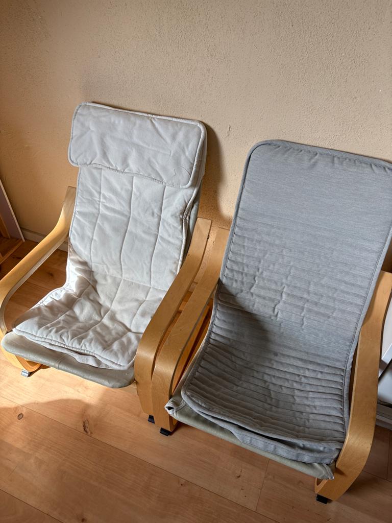 2x IKEA Poäng kinderstoel met afneembare hoes, Huis en Inrichting, Stoelen, Gebruikt, Twee, Hout, Grijs, Ophalen