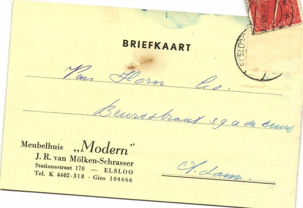Meubelhuis Modern, Elsloo - 08.1957 - briefkaart, Ophalen of Verzenden, Briefkaart