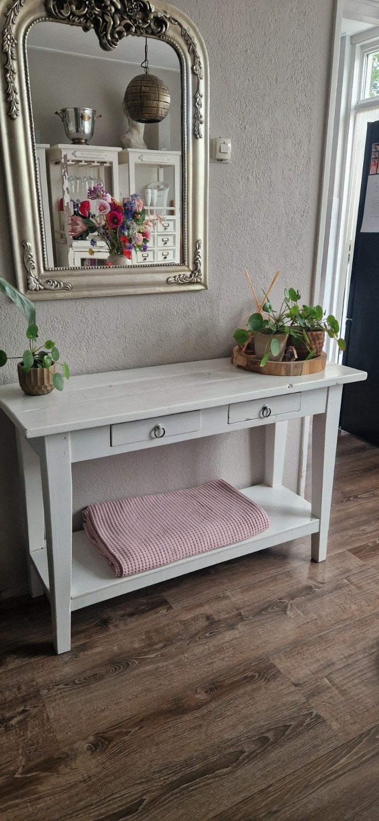 Zware sidetable met 2 laatjes - 120x42x80 cm, Huis en Inrichting, Tafels | Sidetables, Ophalen, Gebruikt, 100 tot 150 cm, Overige houtsoorten