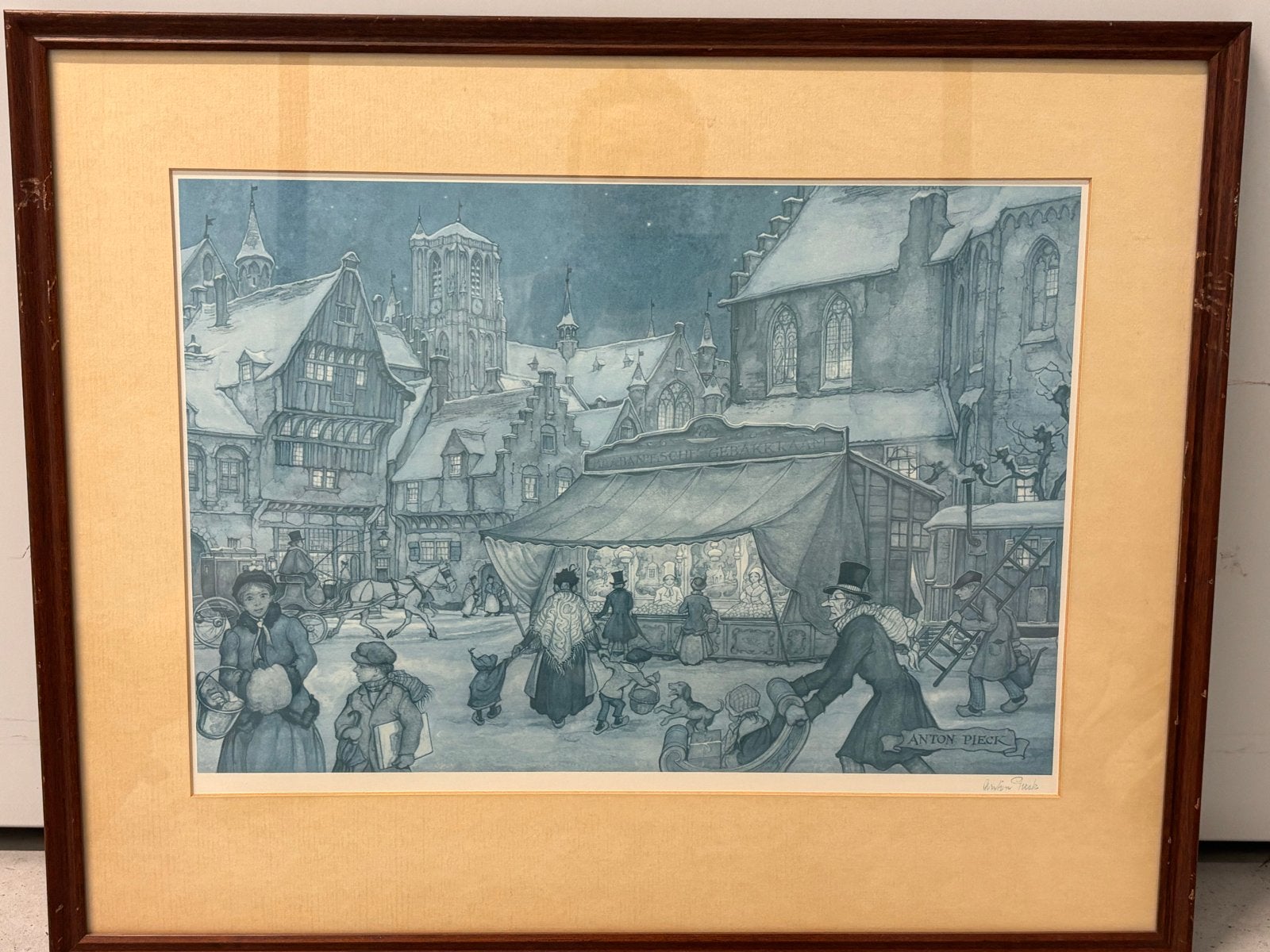 Anton Pieck - Wintermarkt (Lithografie) gesigneerd, Ophalen, Dagelijks leven, 1950 - 1999, Gesigneerd