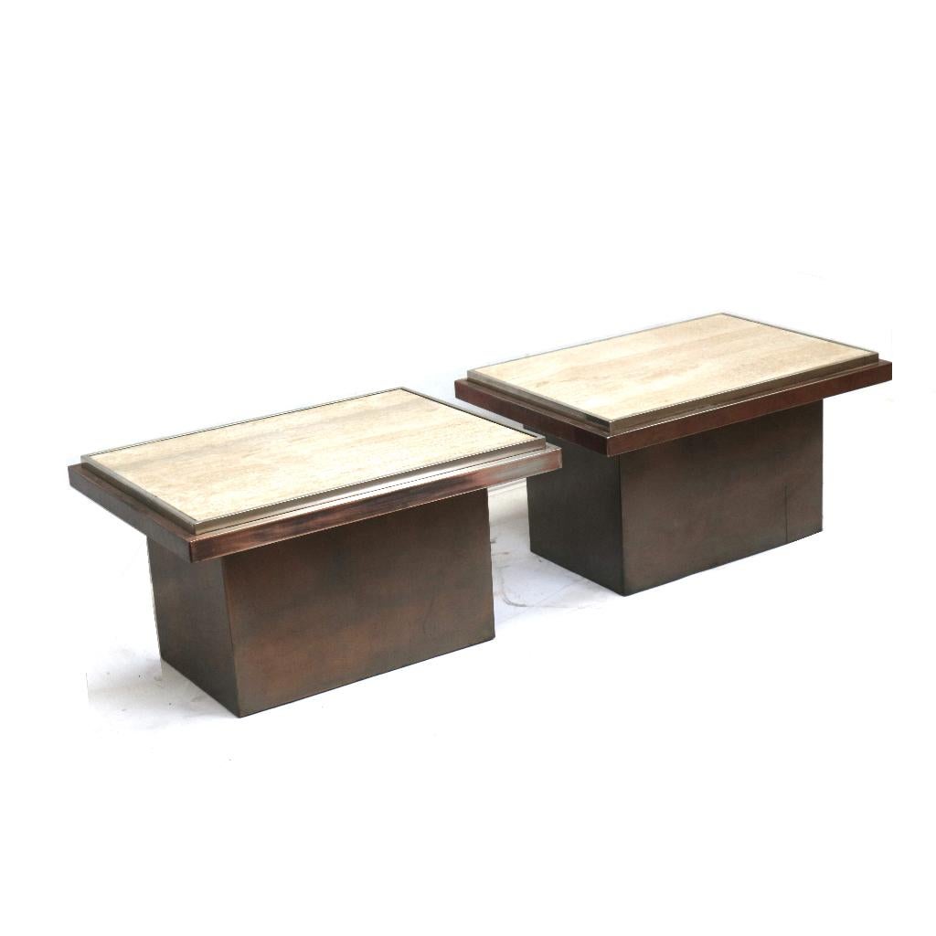 2x travertin salontafel Belgo Chrom jaren '60 design, Huis en Inrichting, Tafels | Bijzettafels, Gebruikt, Rond, 45 tot 60 cm