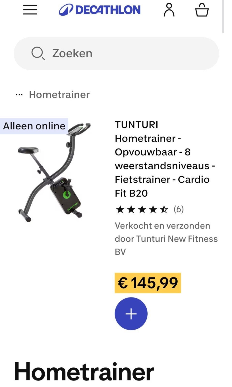 Tunturi Cardio Fit B20 Hometrainer - Opvouwbaar, Ophalen