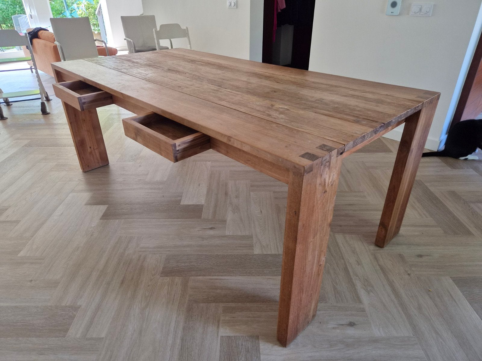 Massief teak houten eettafel met lades - 200x100 cm, Ophalen, Gebruikt, Teakhout, 50 tot 100 cm