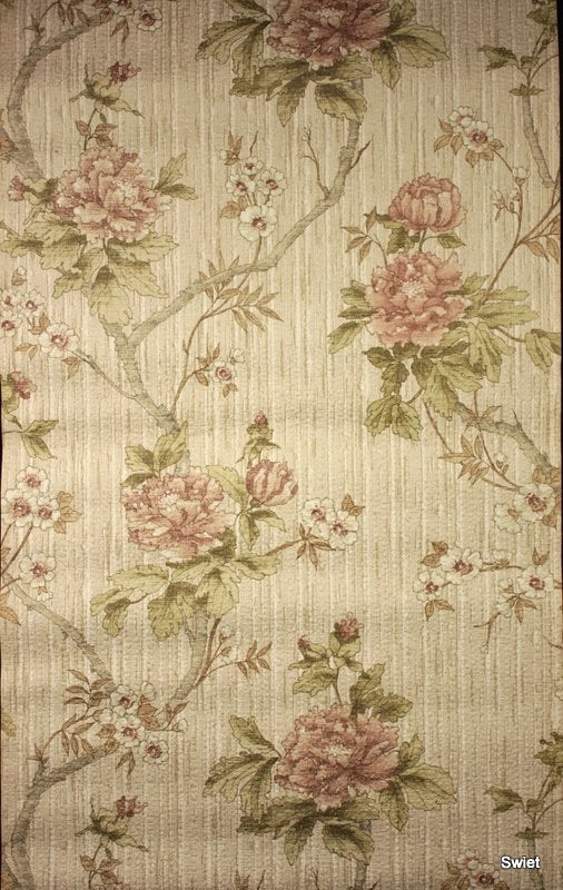 9900 Jutelook bloemen behang met beige en oudroze swiet, Huis en Inrichting, Ophalen of Verzenden, Beige