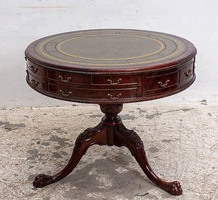 Antieke Engelse Drumtafel met Leren Blad en Klauwpoten, Ophalen