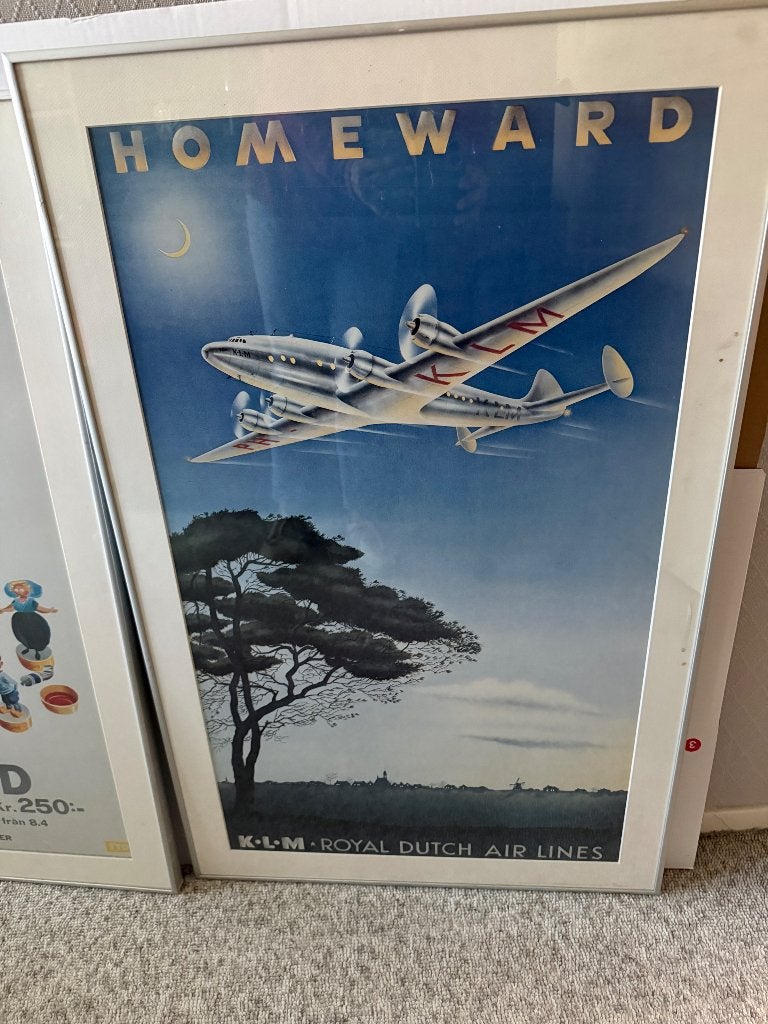 Vintage KLM 'Homeward' poster in lijst, Verzamelen, Ophalen, Zo goed als nieuw, Reclamebord