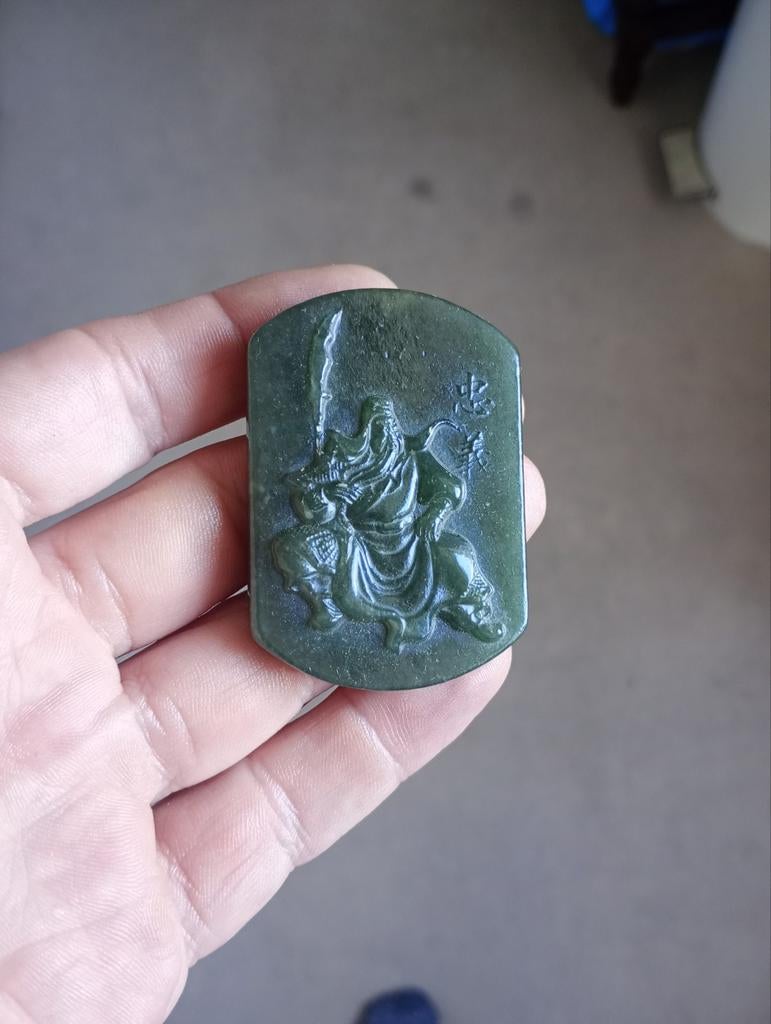Donkergroene Nefriet Jade Amulet Hanger met Chinese Krijger, Sieraden, Tassen en Uiterlijk, Kettinghangers, Overige voorstellingen