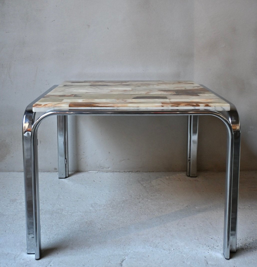 Vintage Jaren '70 Design Bijzettafel, onyx Mozaïek & Chroom, Ophalen of Verzenden