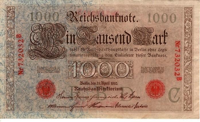 bankbiljet Duitsland 2 x1000 Mark 21 april 1910, Ophalen of Verzenden, Duitsland, Los biljet