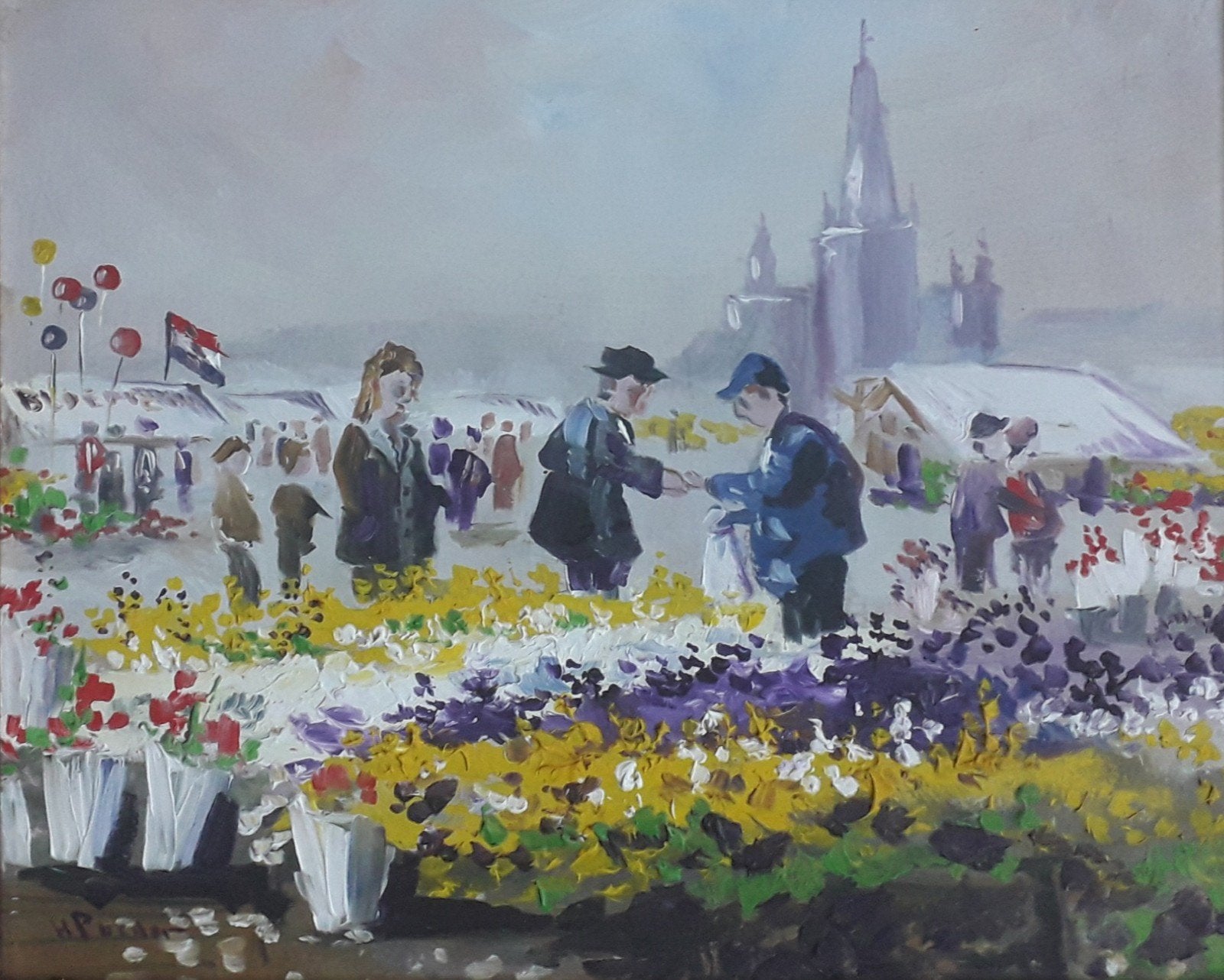 HENK POEDER (1964)🌹DRUKKE BLOEMENMARKT MET LEUKE FIGUREN🌻, Antiek en Kunst, Bloemen, Impressionistisch, Olieverf, Ingelijst