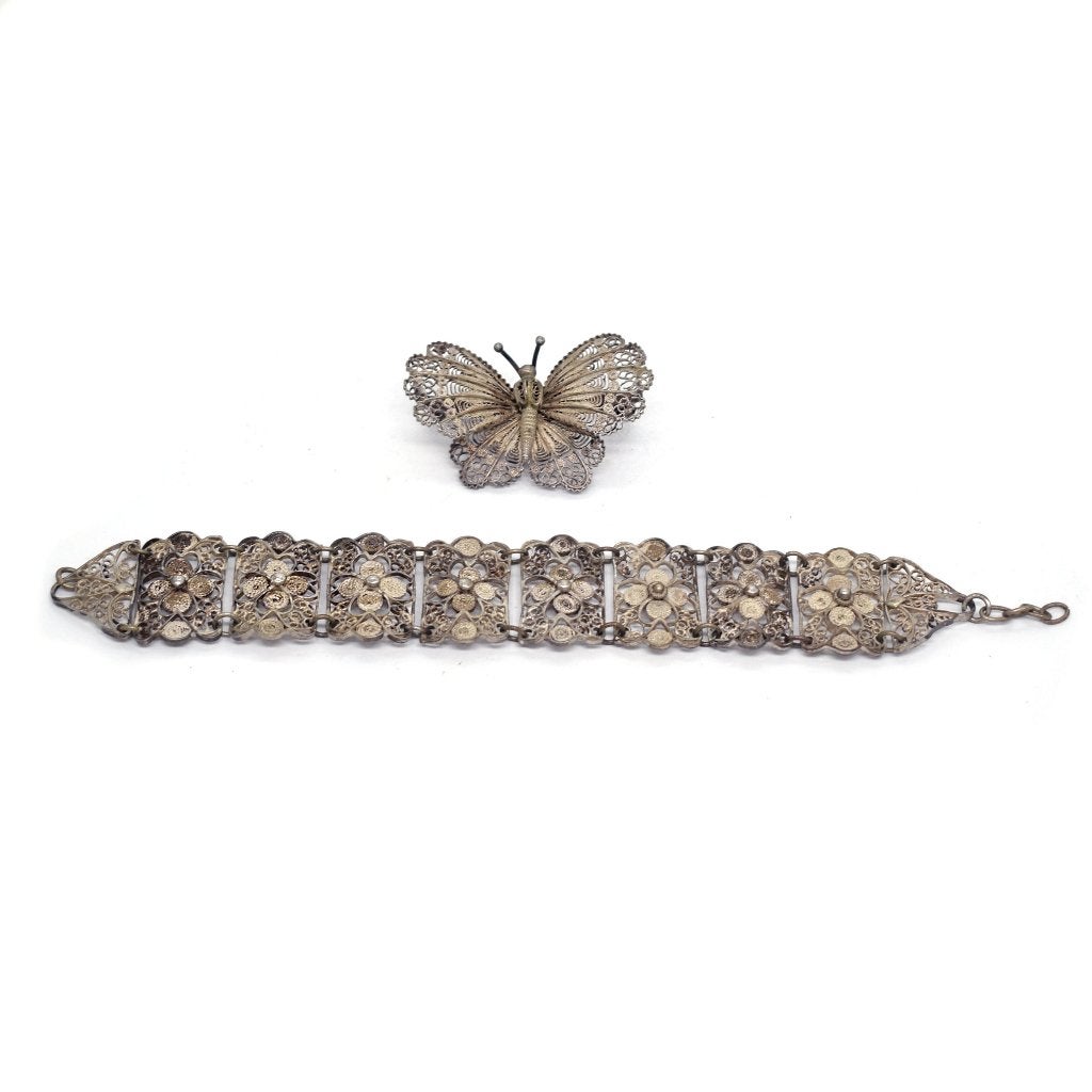 Zilveren filigraan sieraden – armband en vlinderbroche, Ophalen, Zilver, Armband