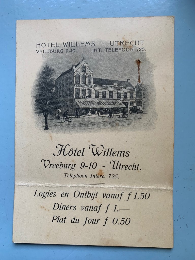 Hotel Willems, Utrecht. Kaart/Nota 1917, Ophalen of Verzenden, Voor 1920, Gelopen, Utrecht