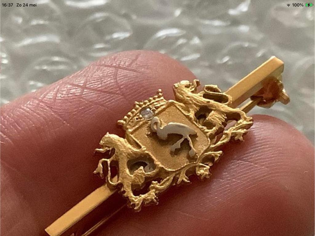 Vintage gouden broche wapen Den Haag met diamant 14 k goud, Verzenden, Minder dan 4 cm, Zo goed als nieuw, Met edelsteen