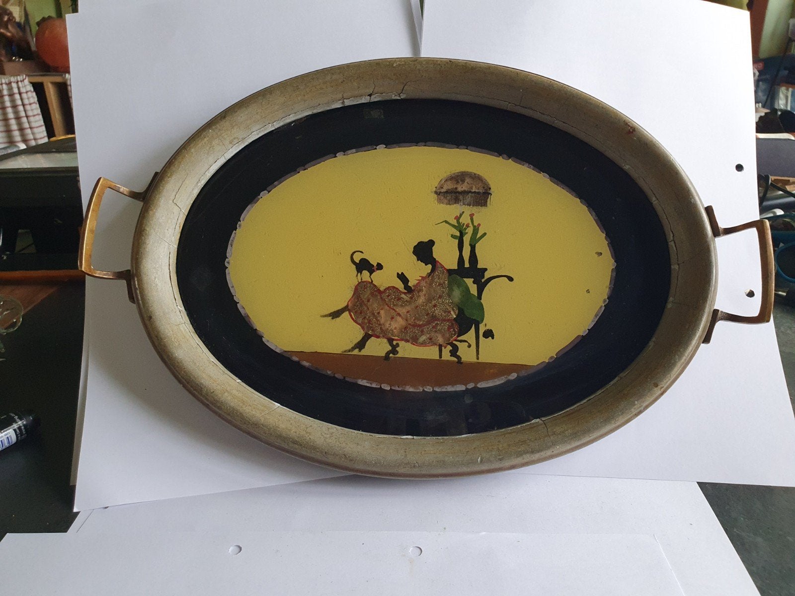 Vintage ovale dienblad met silhouet decoratie, Antiek en Kunst, Ophalen of Verzenden