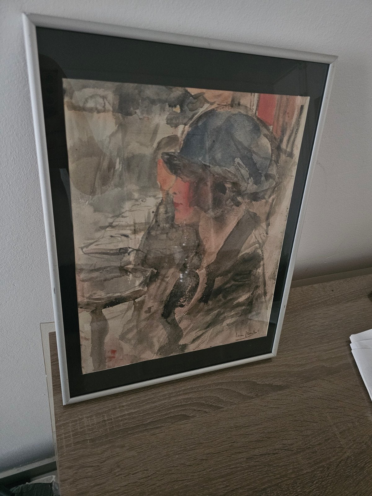 Vrouw met Hoed - Aquarel in Lijst, Antiek en Kunst, Kunst | Tekeningen en Foto's, Ophalen, Tekening, Aquarel, Ingelijst
