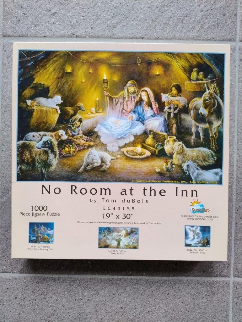 Sunsout puzzel 1000 No Room at the Inn by Tom duBois, Hobby en Vrije tijd, Ophalen of Verzenden, 500 t/m 1500 stukjes, Gebruikt