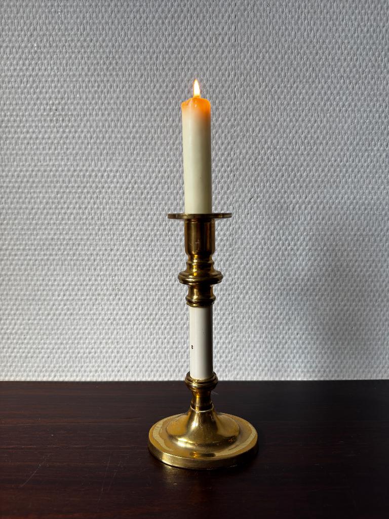 Vintage Koper met Wit Middenstuk Kandelaar, Kaarsenhouder, Overige materialen, Gebruikt, Wit, Ophalen of Verzenden