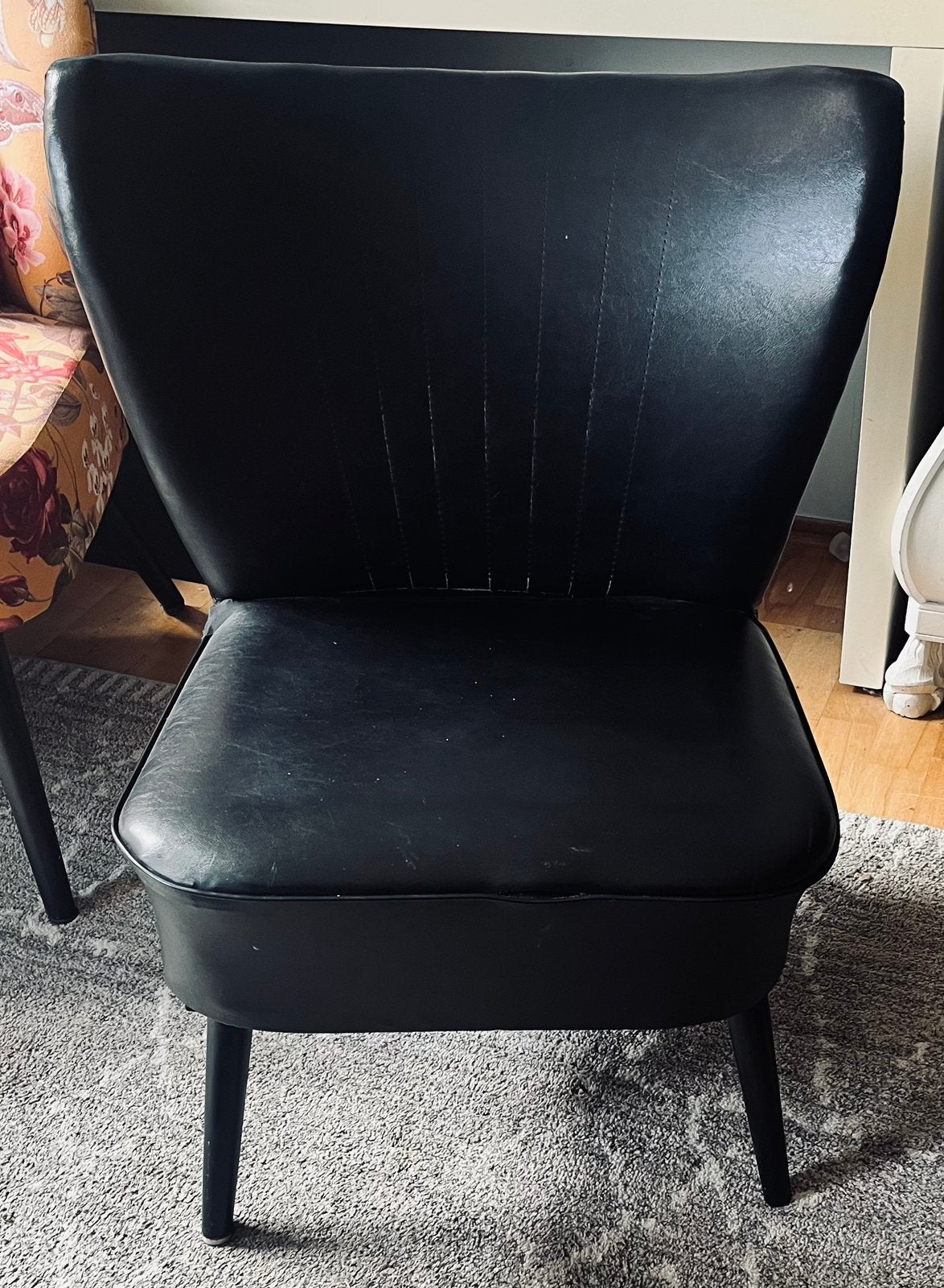 Vintage cocktail stoeltje, Ophalen, Zwart, Vintage jaren 50, Leer