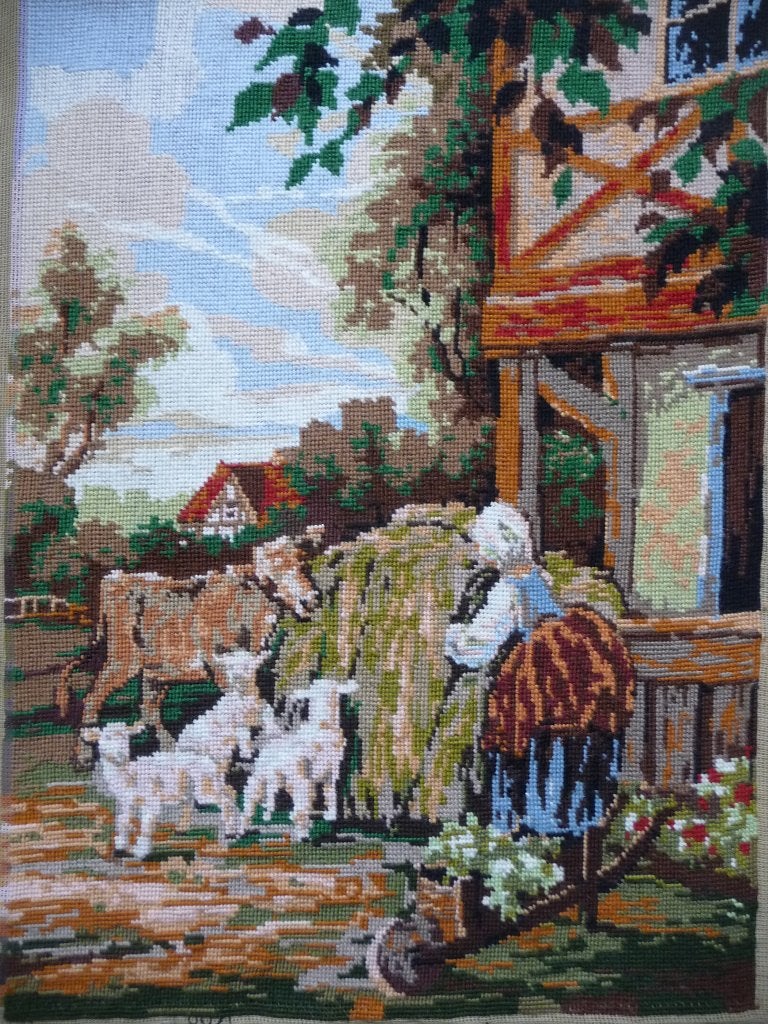 Borduurwerk "Boerderij-koe-lammetjes", Ophalen of Verzenden, Gebruikt, Handborduren, Onderdeel of Toebehoren