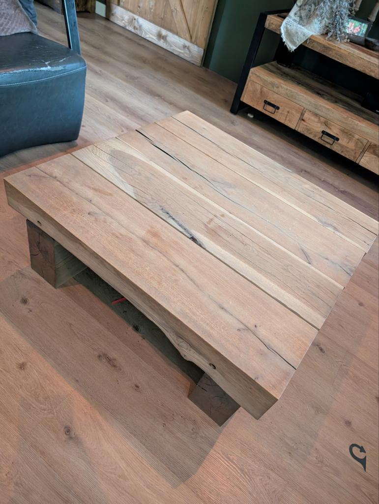 Massief eiken salontafel, Ophalen, Gebruikt, 100 tot 150 cm, Eikenhout