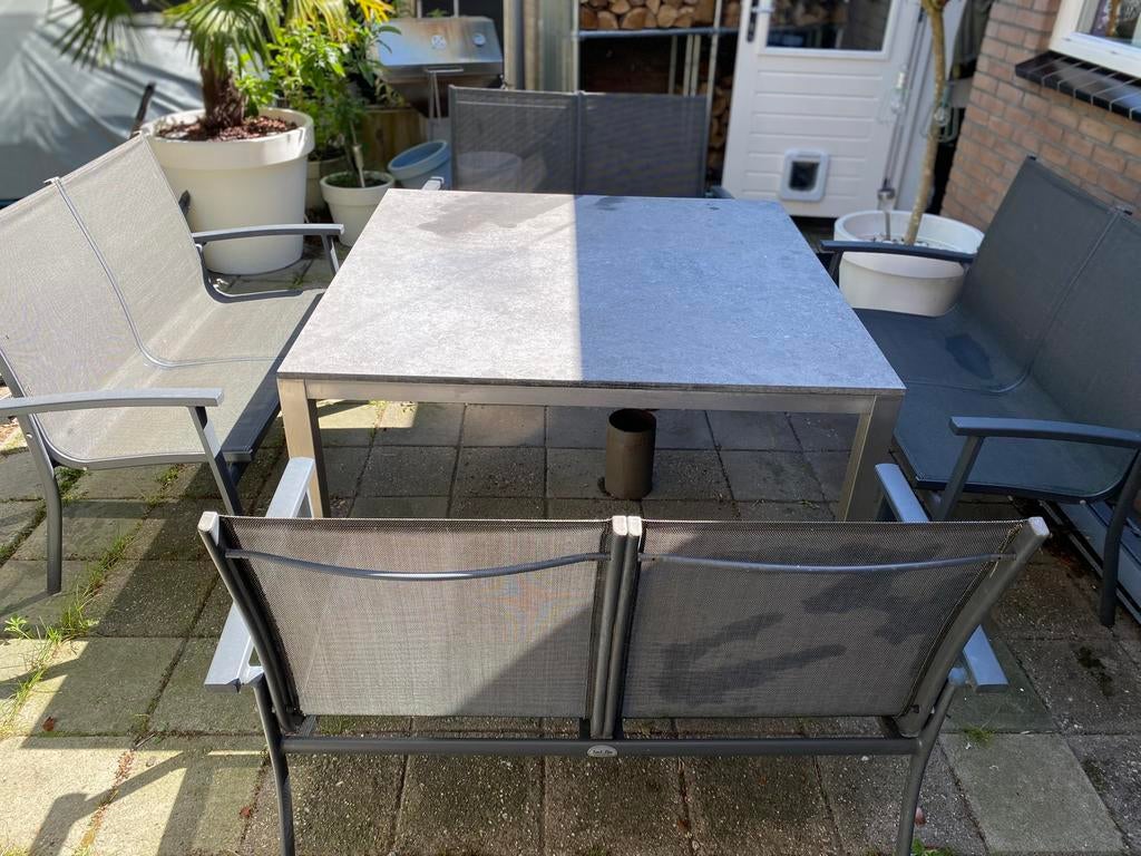 Hardsteen(belgisch blauw) tafel rvs onderstel, Tuin en Terras, Ophalen, Rechthoekig, Rvs