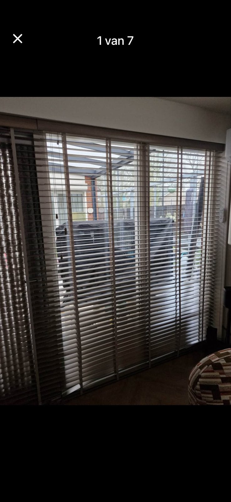 2x Houten jaloezieën greige 50mm lamellen, licht taupe ladde, Ophalen, Jaloezie, Gebruikt, Beige