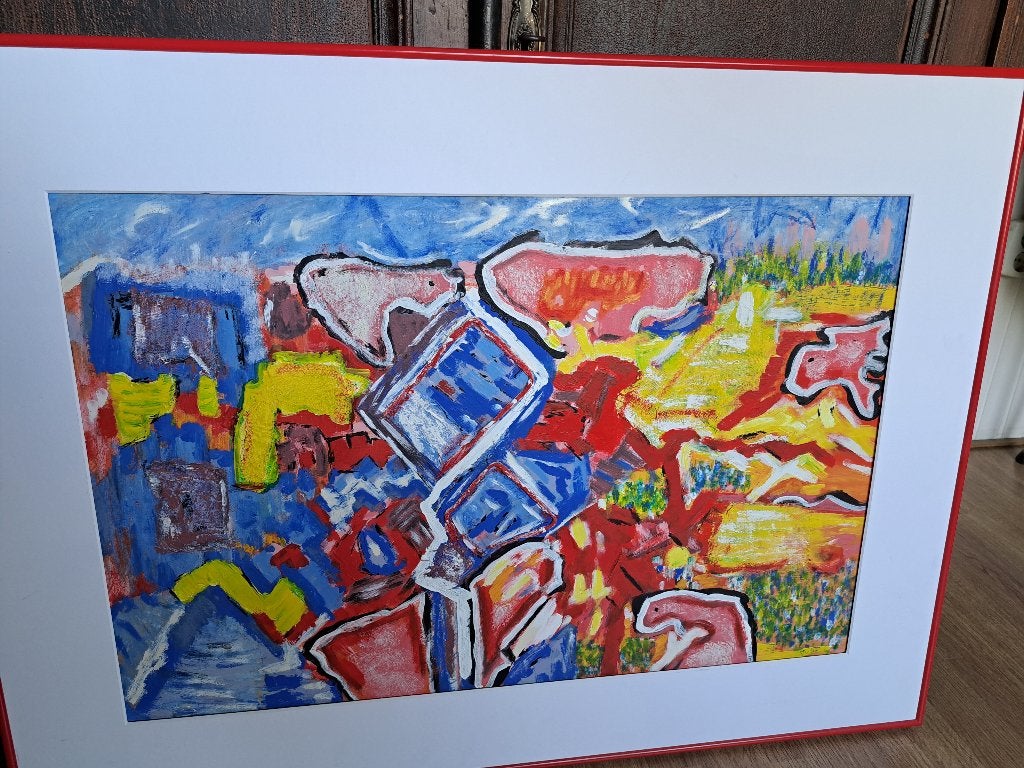 T.k.a. acryl schilderij 70cm x 95cm incl. rode lijst, Antiek en Kunst, Ophalen, Abstract, Acrylverf, Handgeschilderd