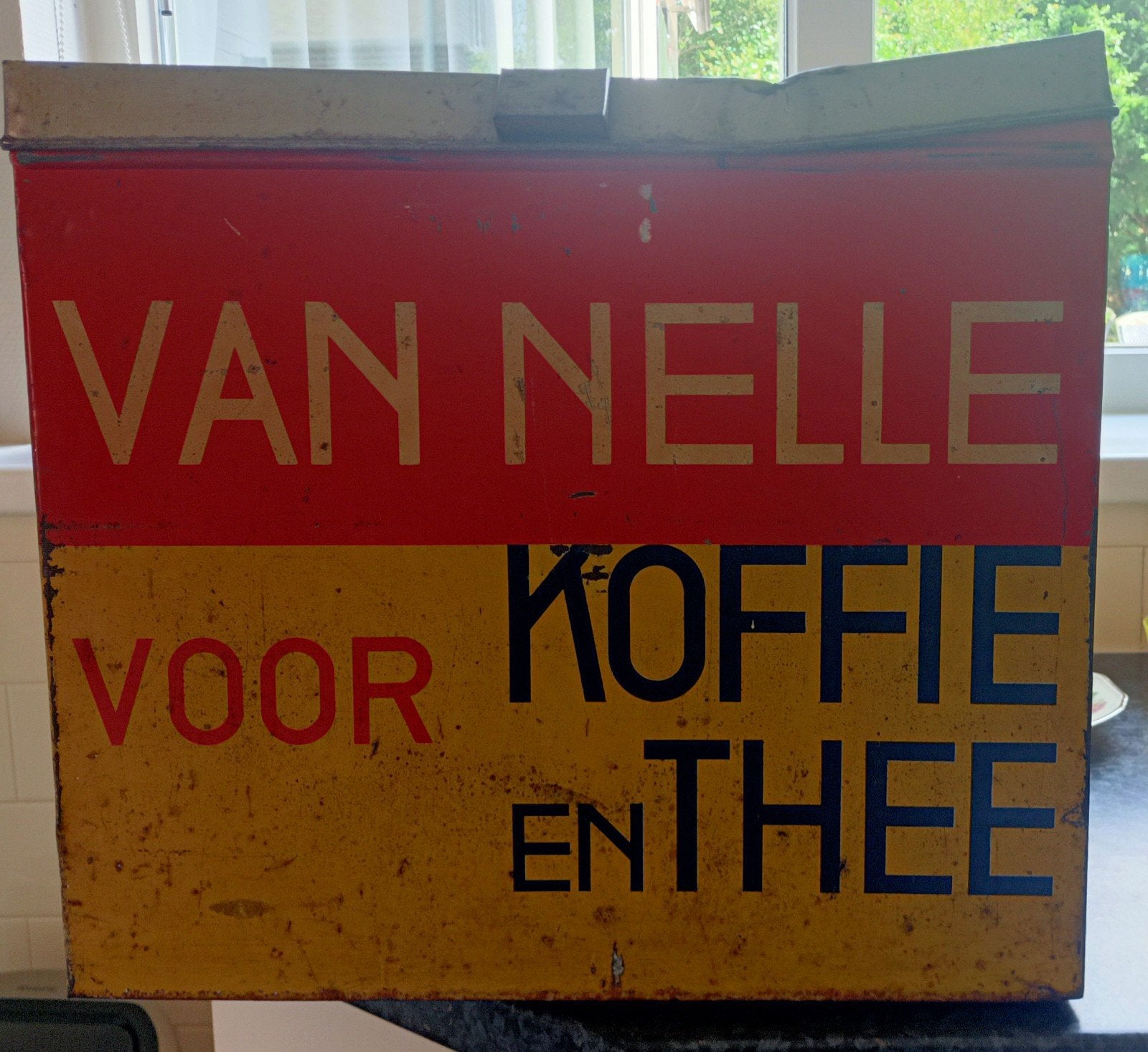 Oranje/geel Van Nelle koffie en thee blik, Ophalen