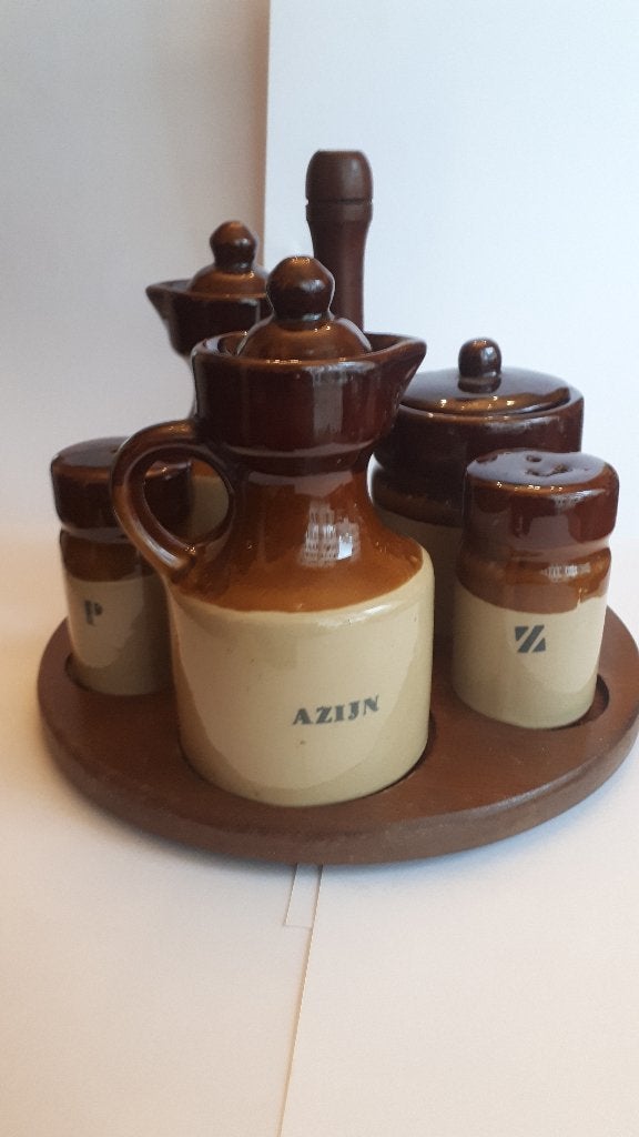 Vintage kruidenpotjes set bestaande uit 5 aardewerken potjes, Ophalen