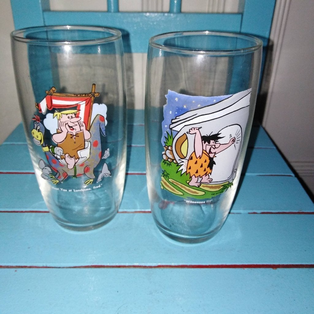 Fred Flintstones glazen 2 stuks, Ophalen, Gebruikt, Tv, Gebruiksvoorwerp