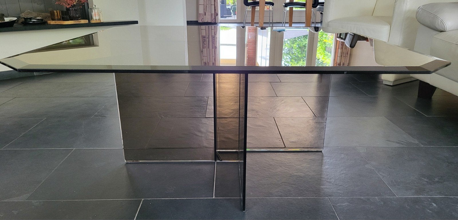 Glazen salontafel 110x110 cm, geslepen rand, 47 cm hoog, Ophalen, Glas, Minder dan 50 cm, 100 tot 150 cm