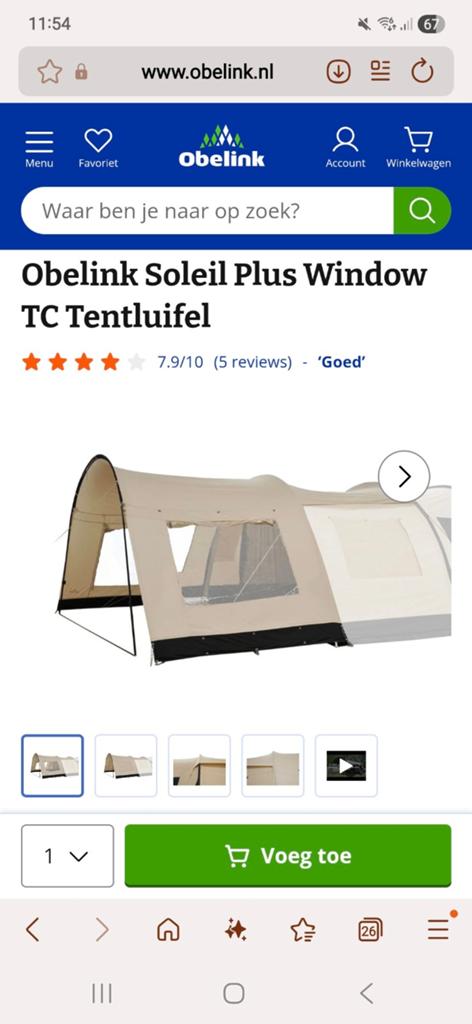 Obelink Soleil Plus Window TC Tentluifel - Zo goed als nieuw, Caravans en Kamperen, Ophalen of Verzenden, Zo goed als nieuw, Polyester