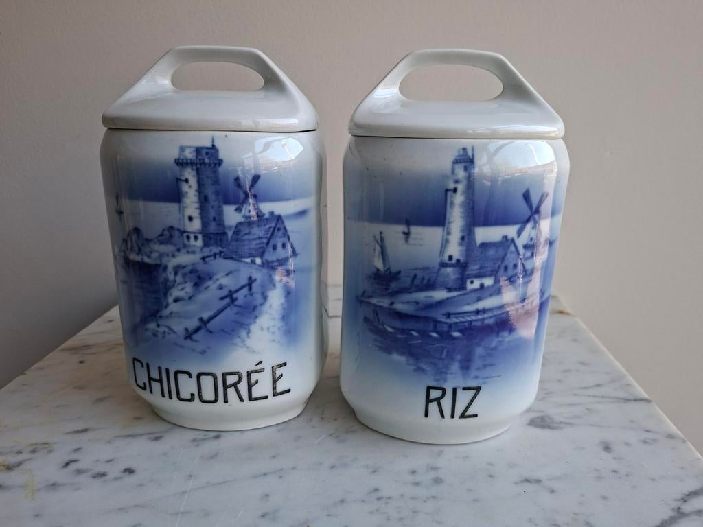 Antieke voorraadpotten: Chicorée & Rijst (Delfts blauw), Ophalen of Verzenden