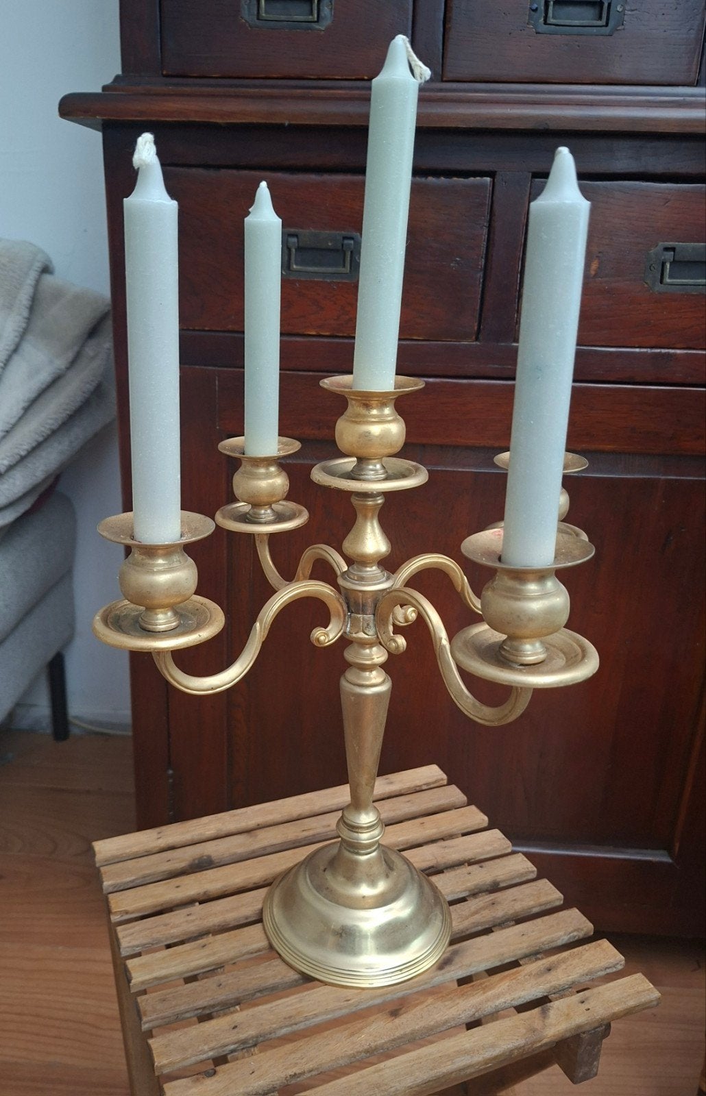 Messing kandelaar met 5 armen, Antiek en Kunst, Ophalen of Verzenden, Overige materialen