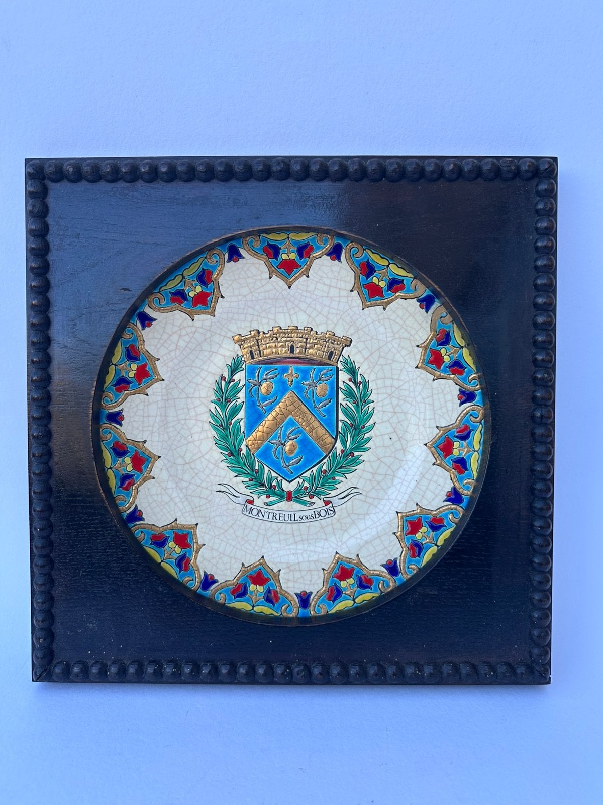Emaux de Longwy Frankrijk  Heraldiek ingelijst bord, Ophalen of Verzenden