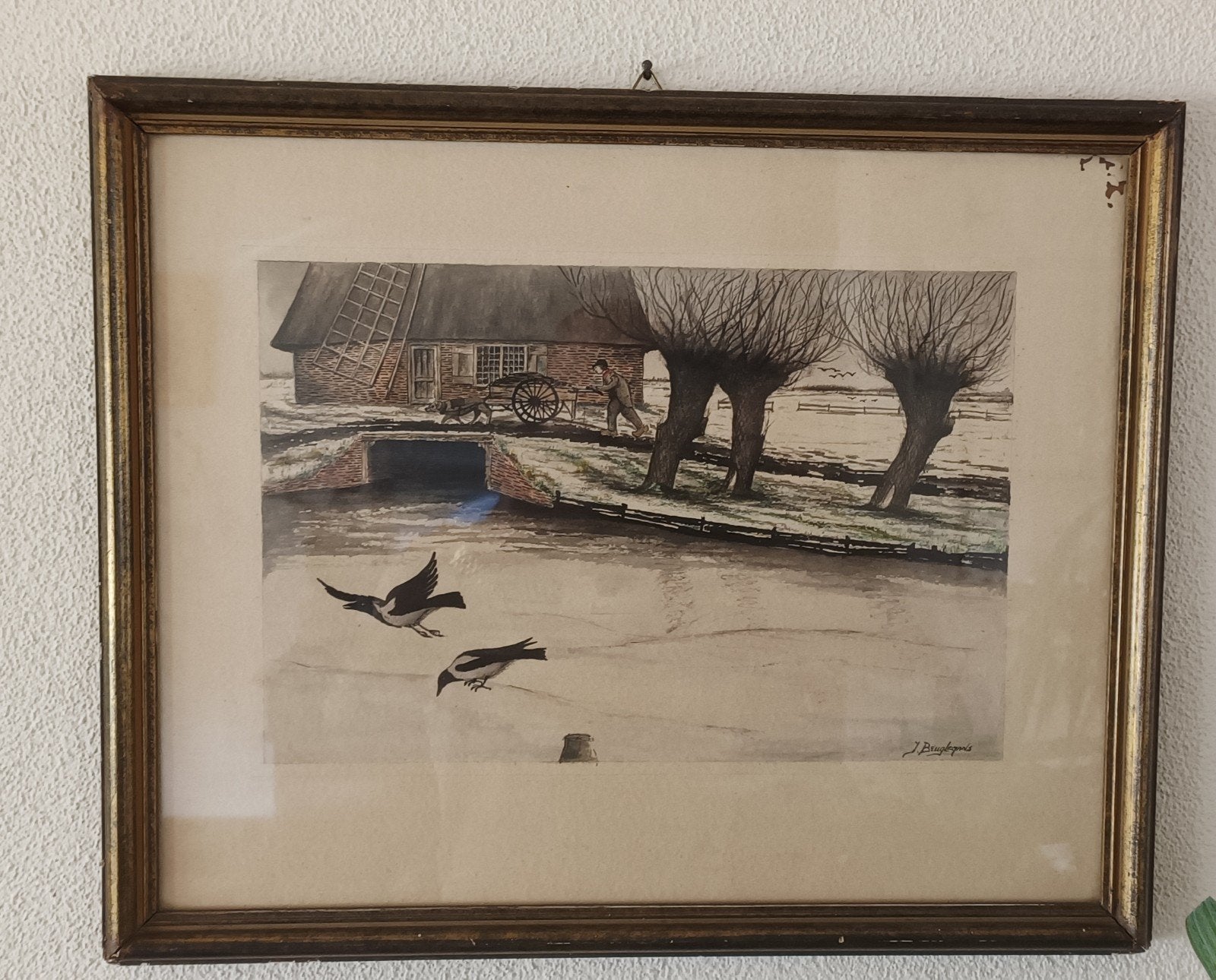 Winterlandschap met molen en figuren, gesigneerd, Ophalen of Verzenden, Tekening, Aquarel, Ingelijst