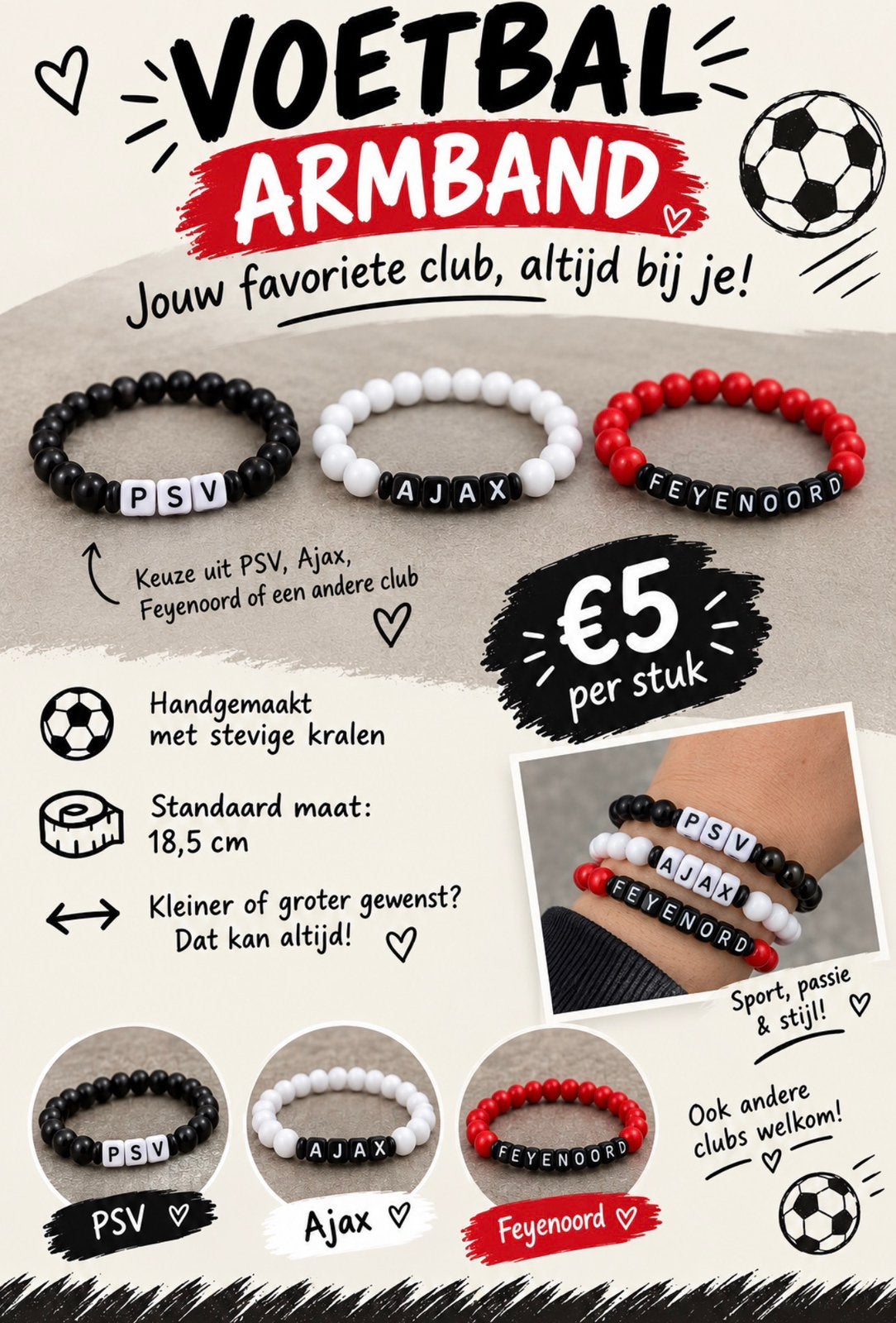Voetbal Armband - Jouw favoriete club altijd bij je!, Sieraden, Tassen en Uiterlijk, Overige materialen, Overige kleuren, Nieuw
