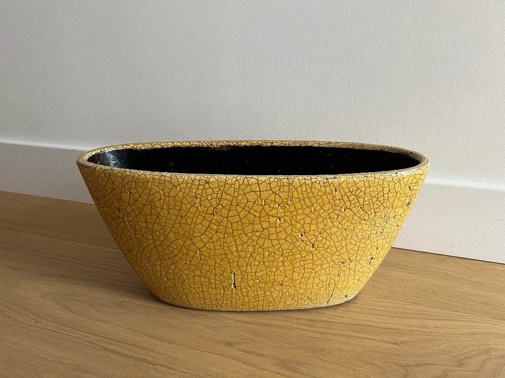 Mooie zware bloempot ovaal mosterdkleur, Tuin en Terras, Ophalen of Verzenden, Zo goed als nieuw, Overige vormen, Aardewerk