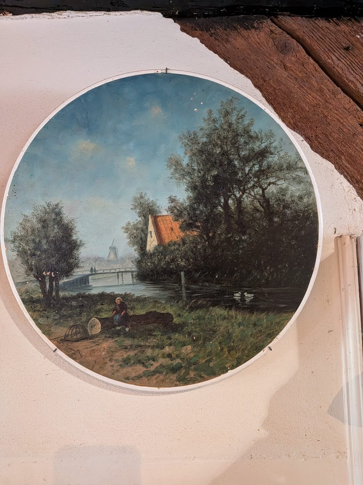 Set van 2 ronde schilderijen: Zomer- en Winterlandschap, Ophalen, Paneel, Landschap, Olieverf