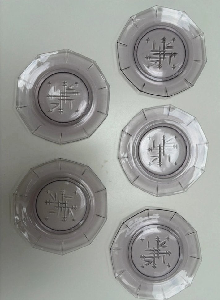 Set van 5 vintage art deco glazen gebaksborden, Ophalen of Verzenden