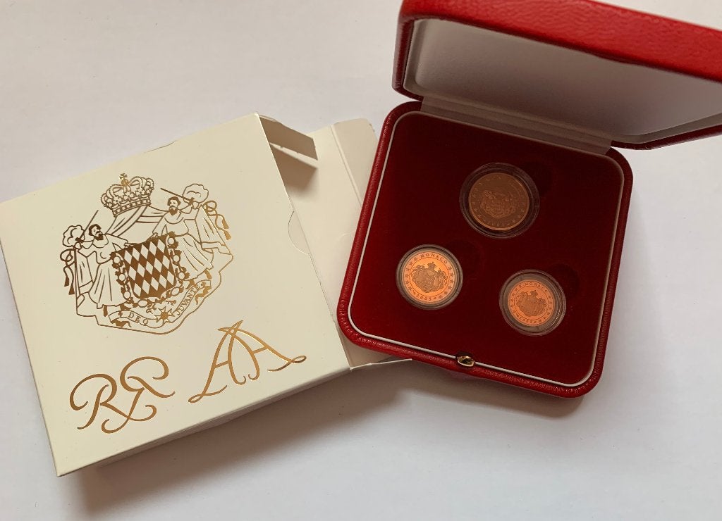 Proof setje Monaco 2005 in etui (1 Cent, 2 Cent en 5 Cent), Postzegels en Munten, Verzenden, Monaco, Overige waardes, Setje