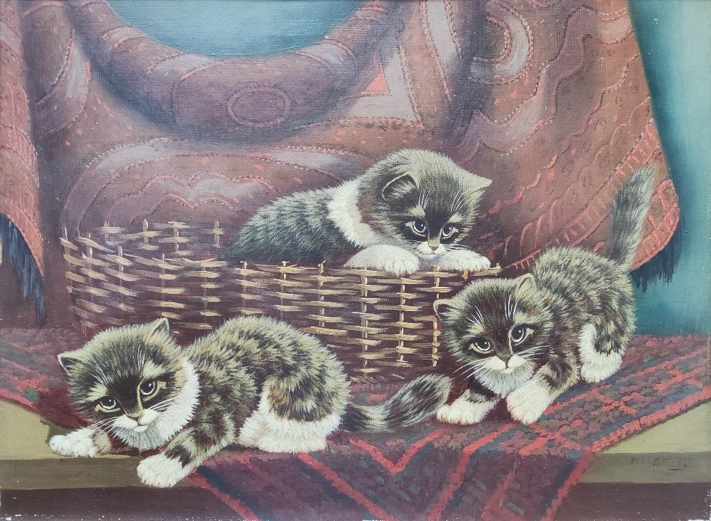 Hollandse School (XX) - Stilleven met spelende kittens, Doek, Dieren, Ophalen of Verzenden, Olieverf